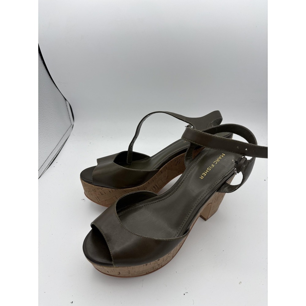 Marc Fisher Shoes Womens Size 8.5 Green Leather Slingback Wedge Sandals Cork‎